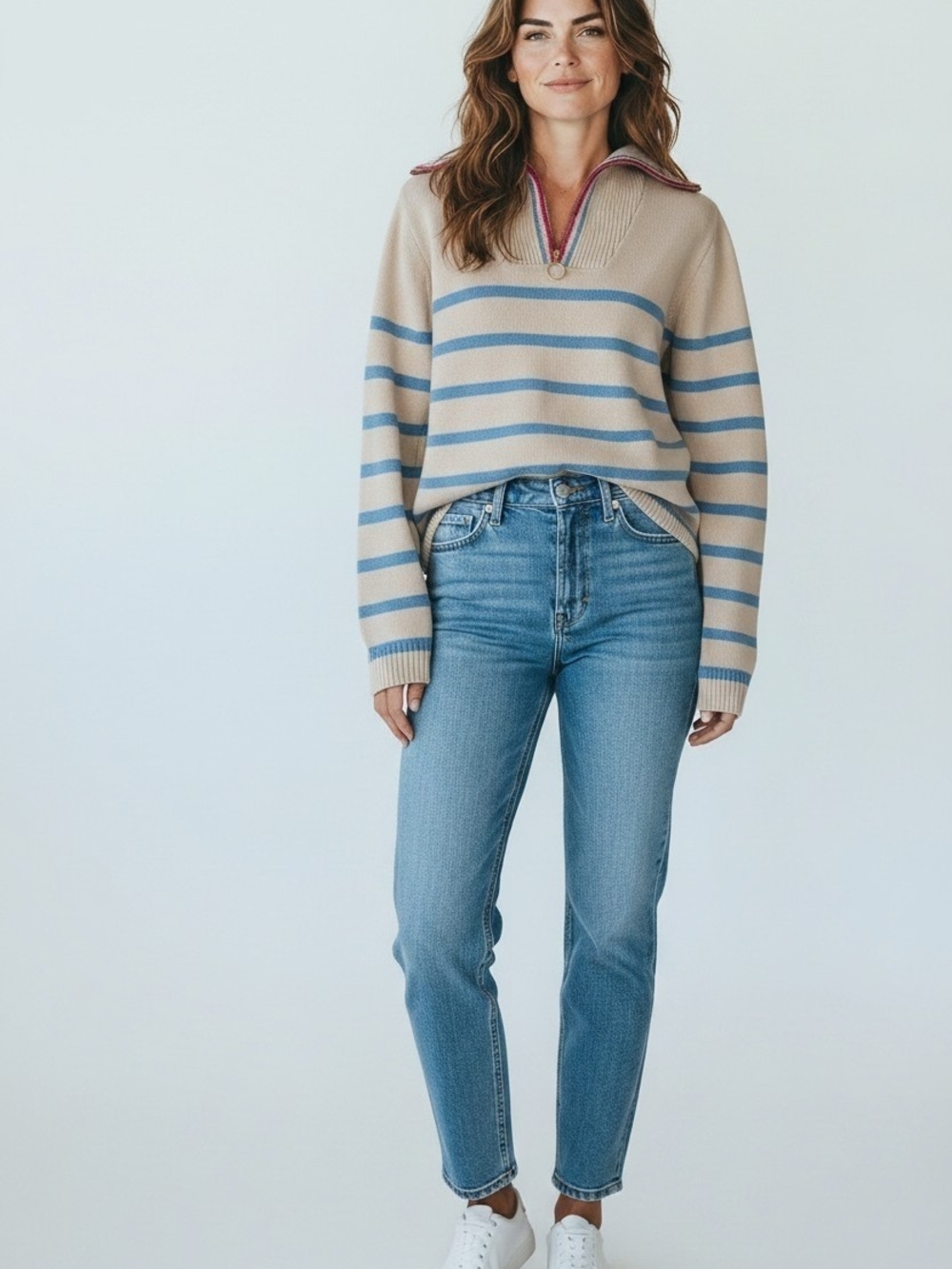 High-Rise Striped Sweater Pullover in Beige and Light Blue